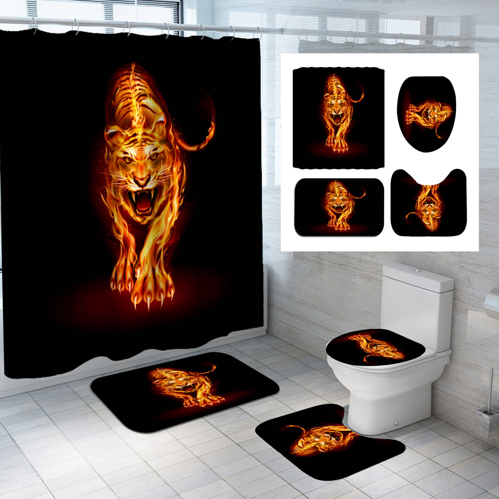 Waterproof 3D Flame Tiger Black Shower Curtain With 180X180 Size