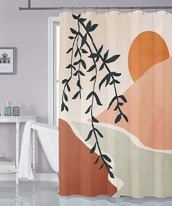 Waterproof Abstract Boho Minimalist Mid Century Shower Curtain with Tropical Leaf Aesthetic for a Modern