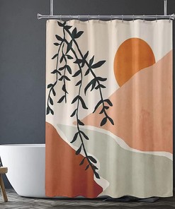 Waterproof Abstract Boho Minimalist Mid Century Shower Curtain with Tropical Leaf Aesthetic for a Modern