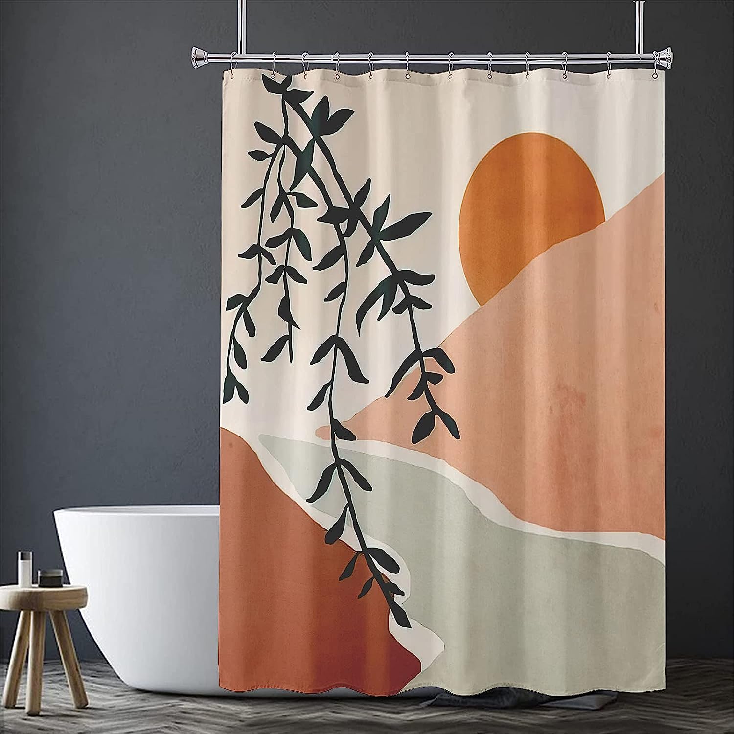 Waterproof Abstract Boho Minimalist Mid Century Shower Curtain with Tropical Leaf Aesthetic for a Modern