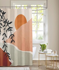 Waterproof Abstract Boho Minimalist Mid Century Shower Curtain with Tropical Leaf Aesthetic for a Modern