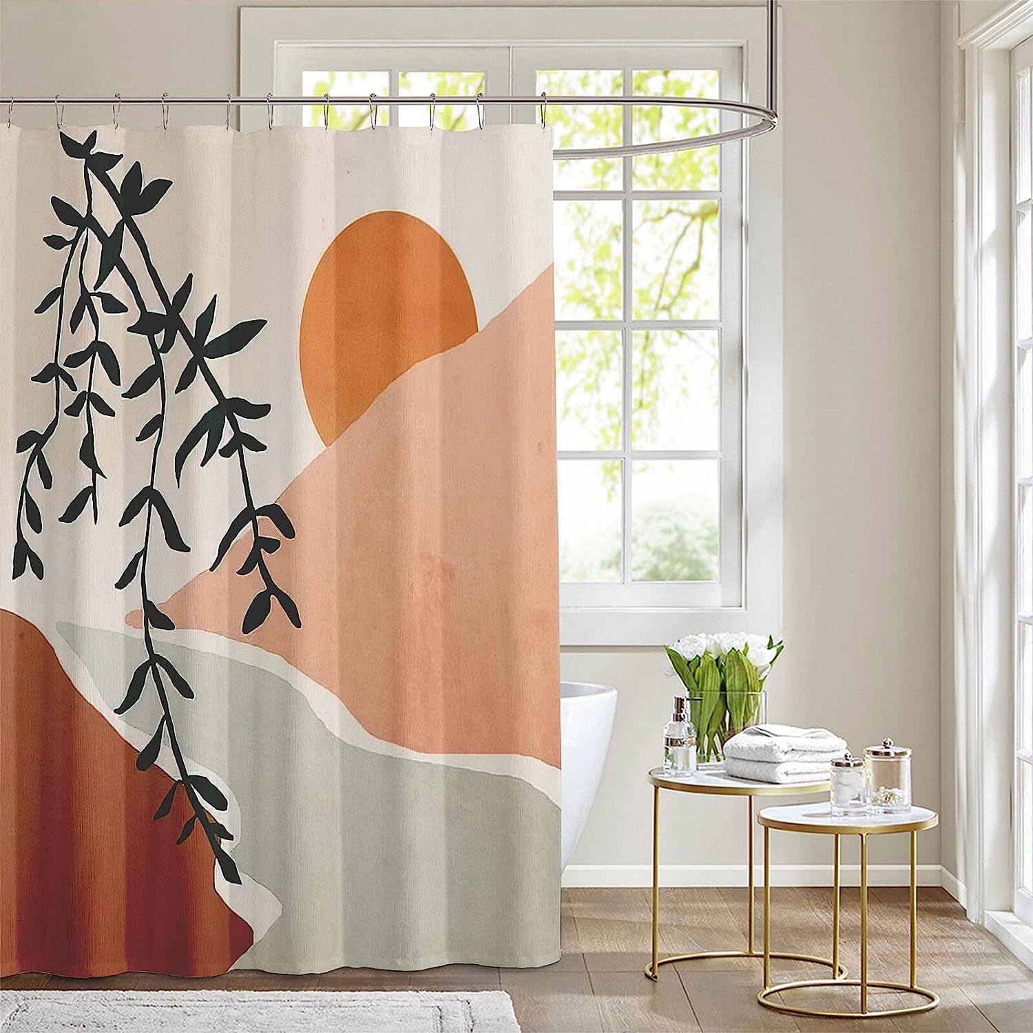 Waterproof Abstract Boho Minimalist Mid Century Shower Curtain with Tropical Leaf Aesthetic for a Modern