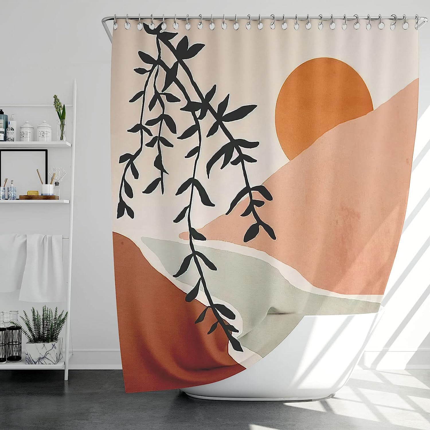 Waterproof Abstract Boho Minimalist Mid Century Shower Curtain with Tropical Leaf Aesthetic for a Modern