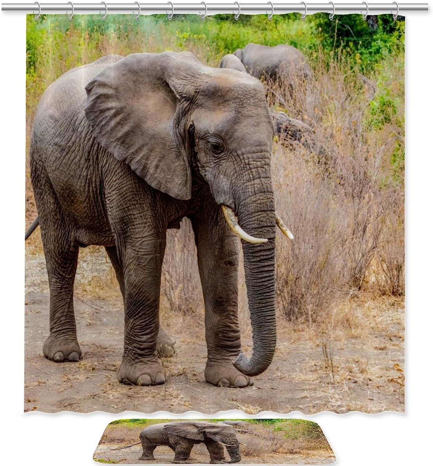 Waterproof African Elephant Grey Walking Forest Shower Curtain For Bathroom