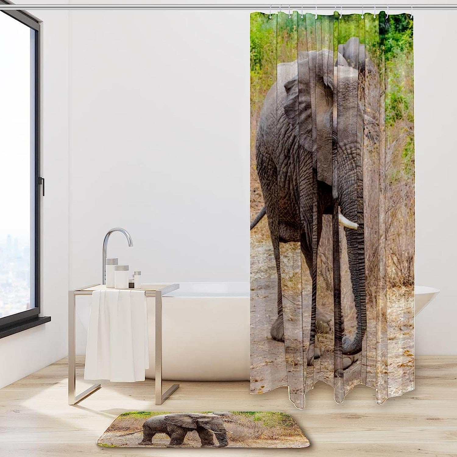 Waterproof African Elephant Grey Walking Forest Shower Curtain For Bathroom - Image 2