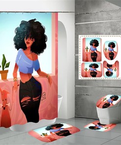Waterproof African Women Shower Curtain Set With Black Girl And Bathroom Mats.