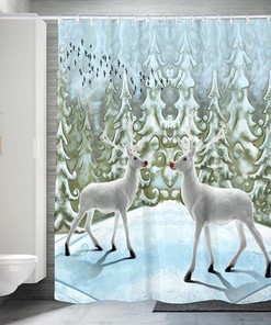 Waterproof And Mildew Proof Cloth Shower Curtain Featuring Christmas Scene With Snow And Deer
