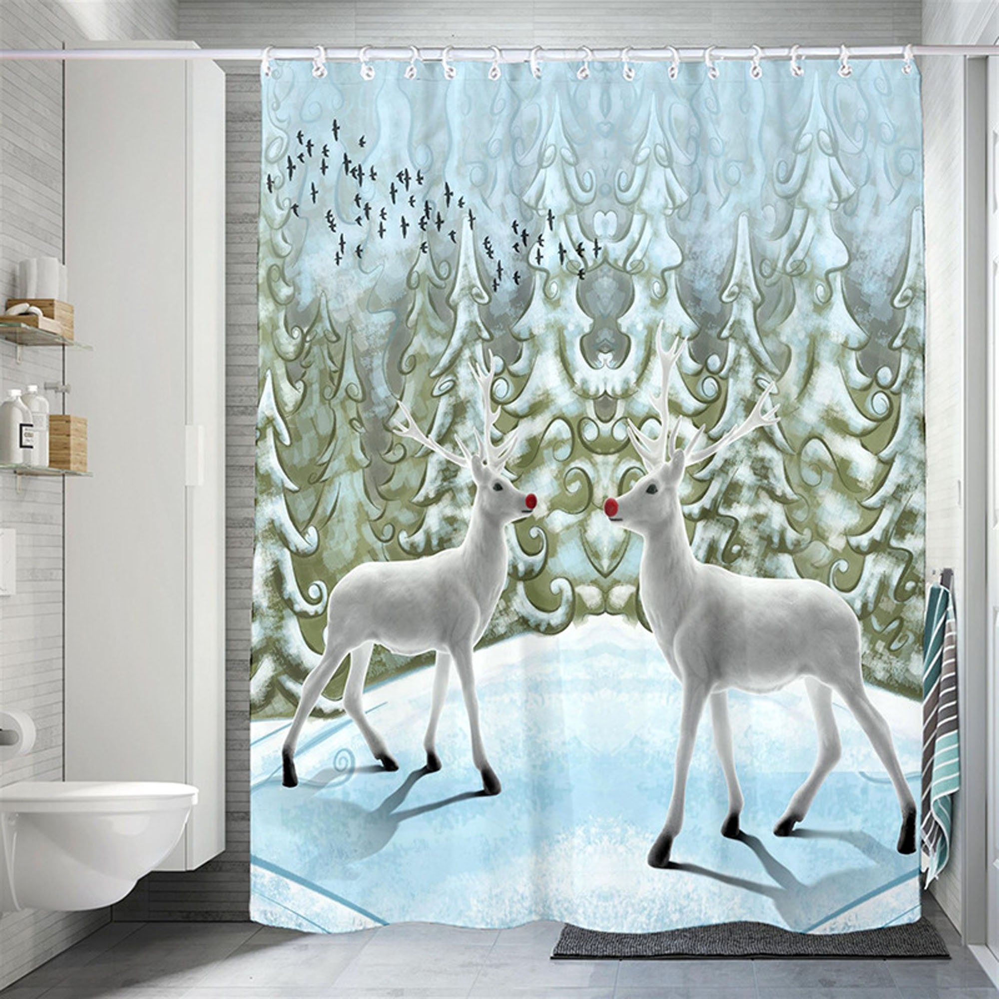 Waterproof And Mildew Proof Cloth Shower Curtain Featuring Christmas Scene With Snow And Deer