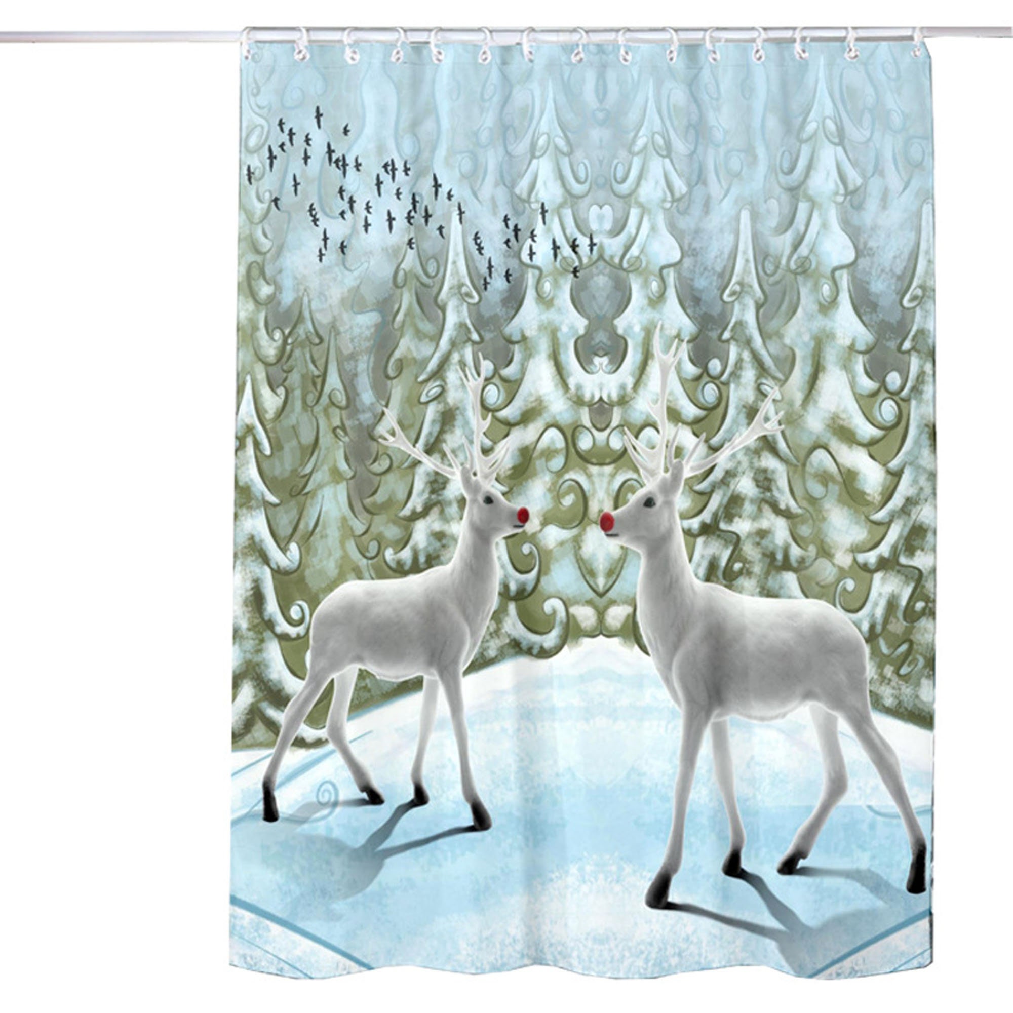 Waterproof And Mildew Proof Cloth Shower Curtain Featuring Christmas Scene With Snow And Deer - Image 2