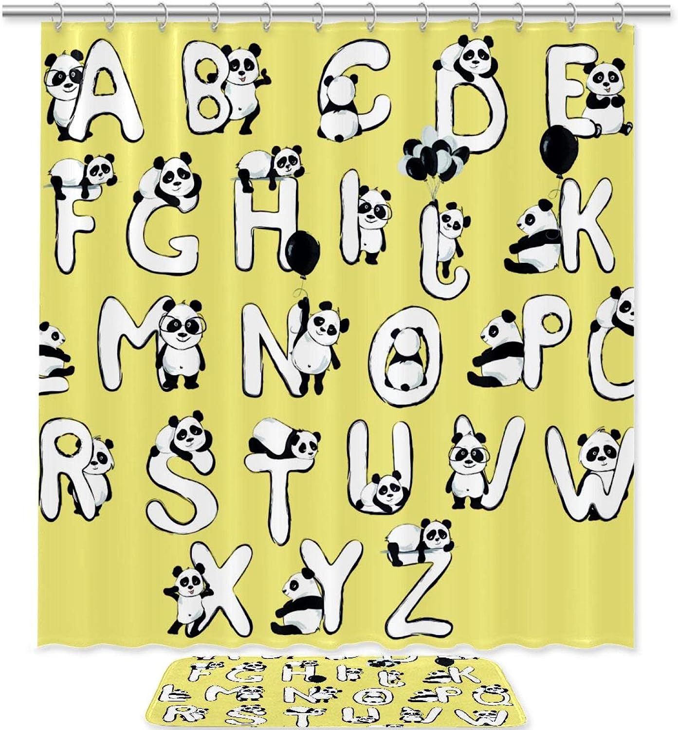 Waterproof Animal Alphabet Shower Curtain with Cute Pandas and Bears