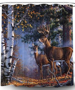 Waterproof Autumn Forest Pine Trees Shower Curtain With Deer And Elk Animals For Bathroom Decor