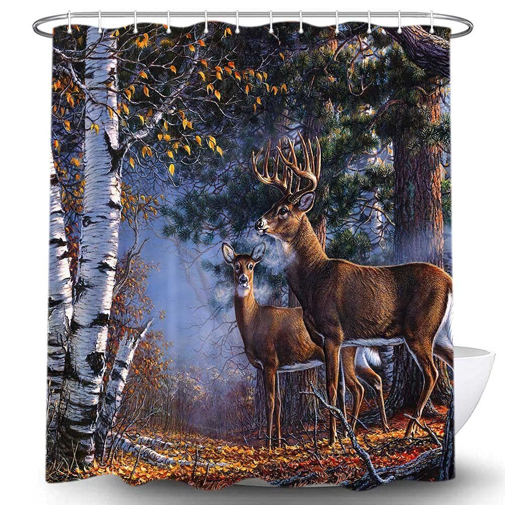 Waterproof Autumn Forest Pine Trees Shower Curtain With Deer And Elk Animals For Bathroom Decor