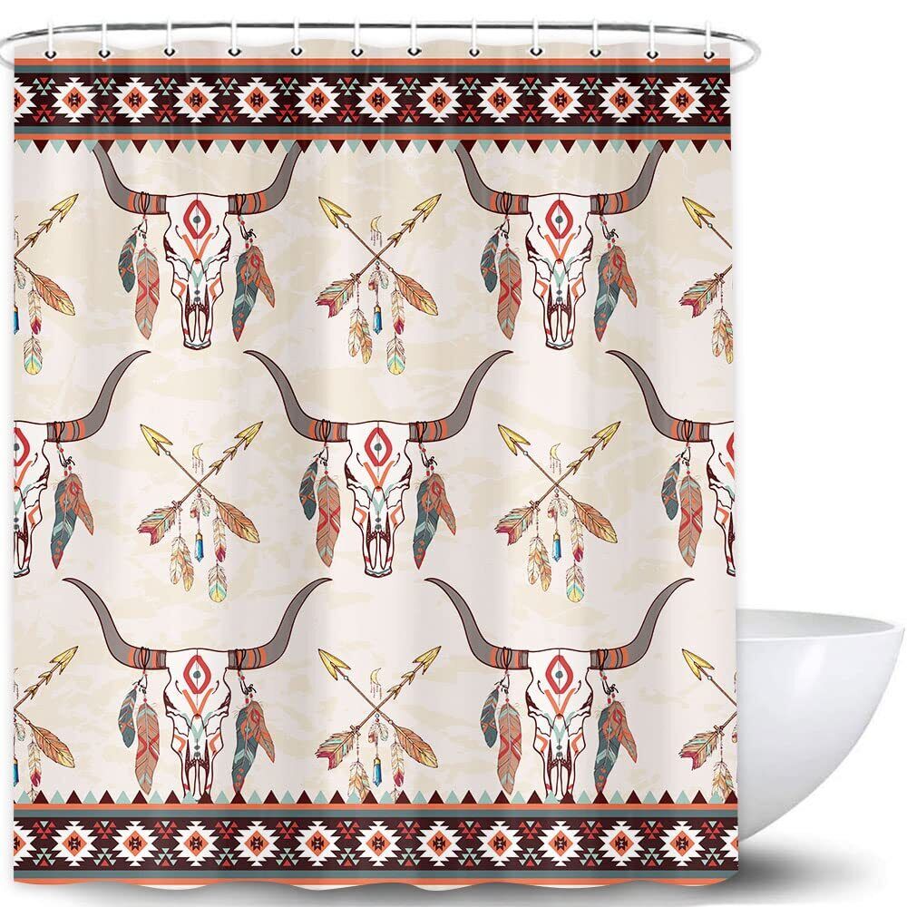 Waterproof Aztec Cow Skull Fabric Shower Curtain For Unique Bathroom Decor