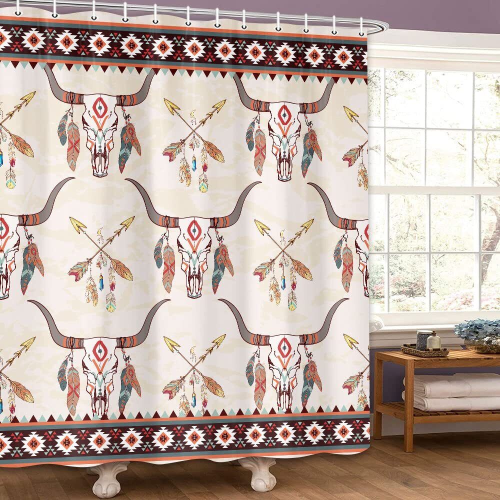 Waterproof Aztec Cow Skull Fabric Shower Curtain For Unique Bathroom Decor - Image 2