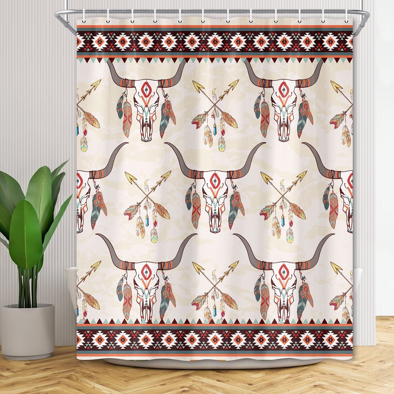 Waterproof Aztec Cow Skull Fabric Shower Curtain For Unique Bathroom Decor - Image 3