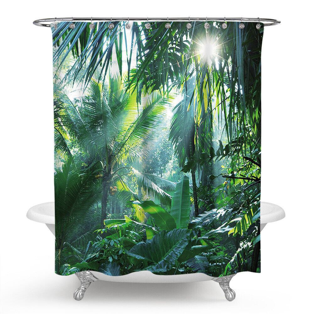 Waterproof Banana Leaf Palm Jungle Shower Curtain, Tropical Bathroom Decorr