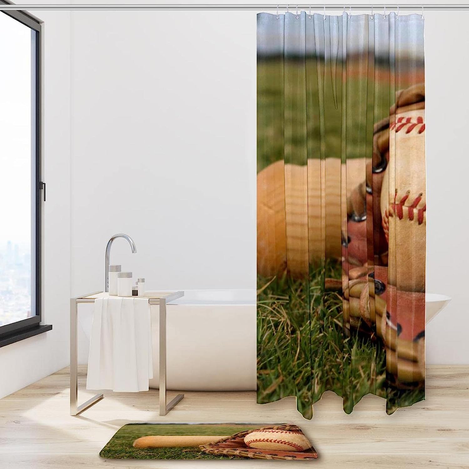 Waterproof Baseball Sport Ball Print Shower Curtain- Bathroom Curtain Decor - Image 2