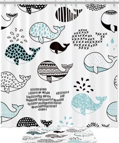 Waterproof Bath Curtain with White and Blue Whale Print for a Classic Bathroom 