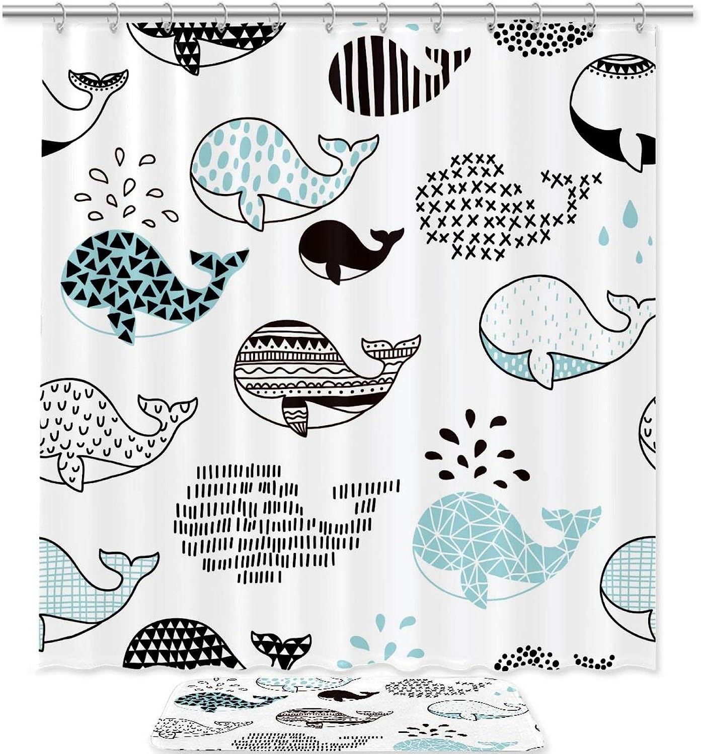 Waterproof Bath Curtain with White and Blue Whale Print for a Classic Bathroom