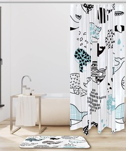 Waterproof Bath Curtain with White and Blue Whale Print for a Classic Bathroom