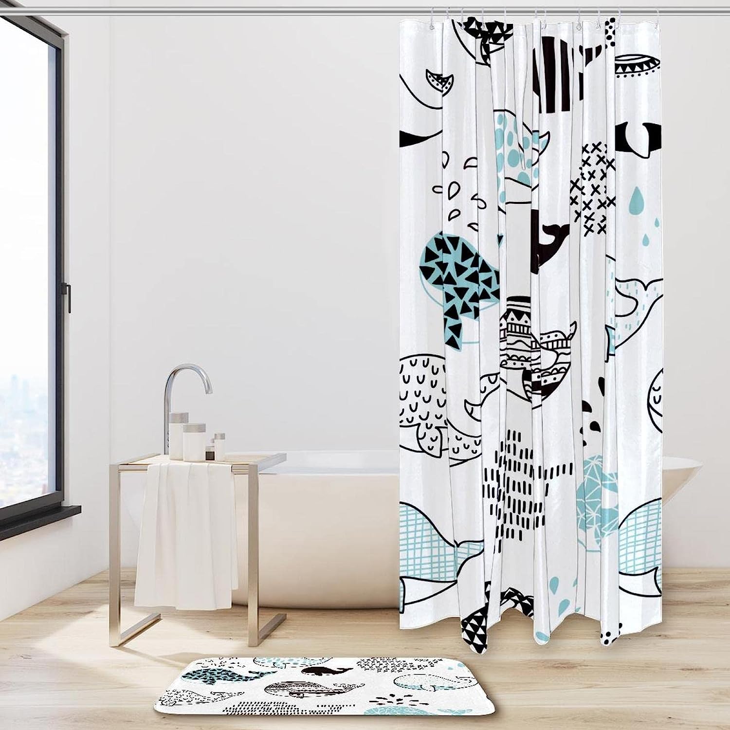 Waterproof Bath Curtain with White and Blue Whale Print for a Classic Bathroom