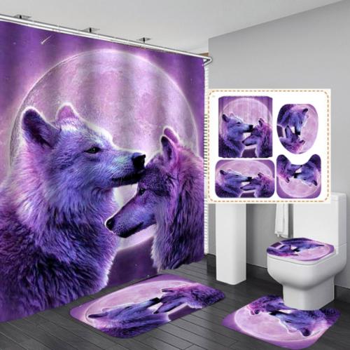 Waterproof Bathroom Curtain with Purple Moon Wolf Print