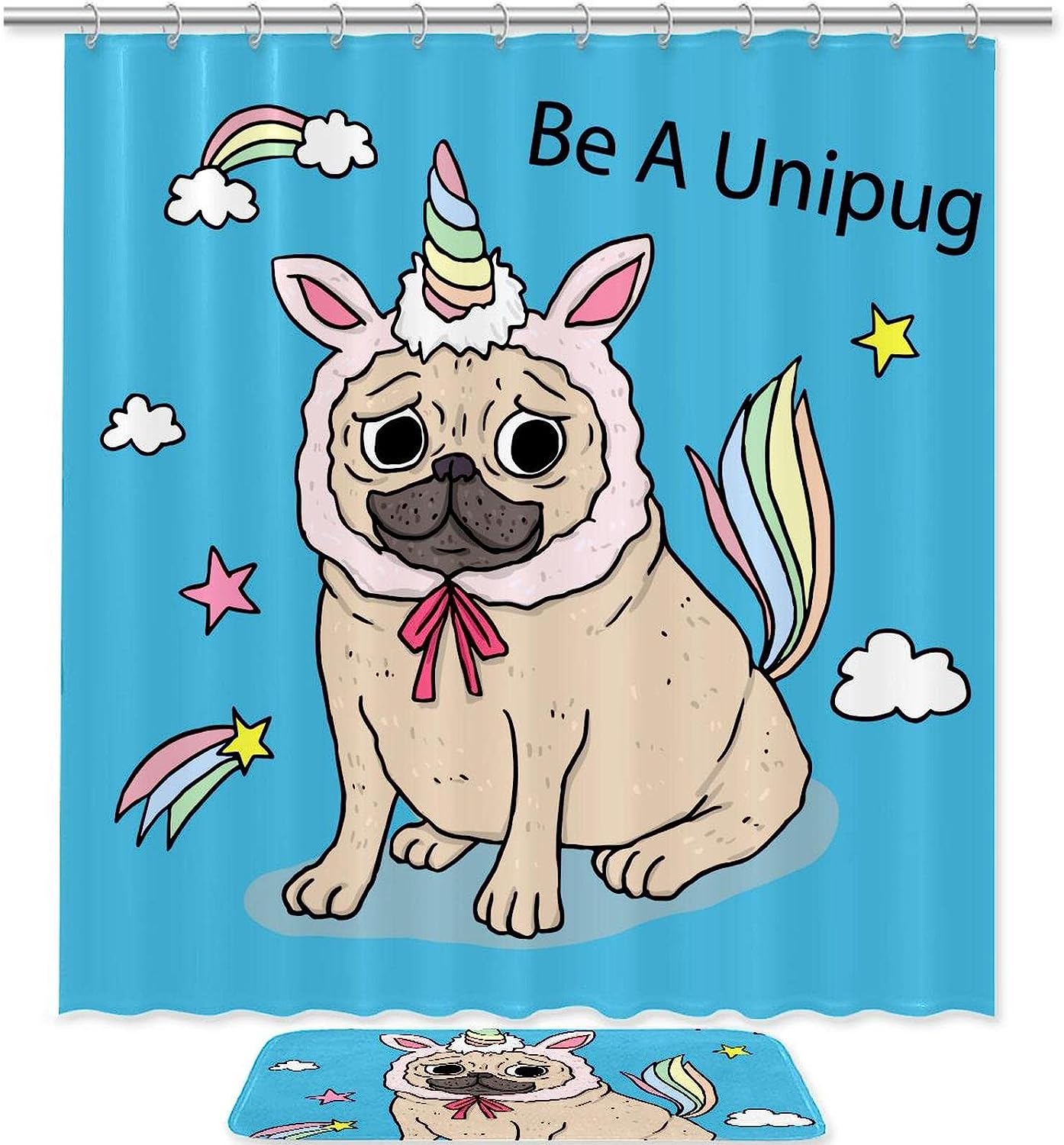 Waterproof Be A Unicorn Funny Pug Dog Shower Curtain For Bathroom