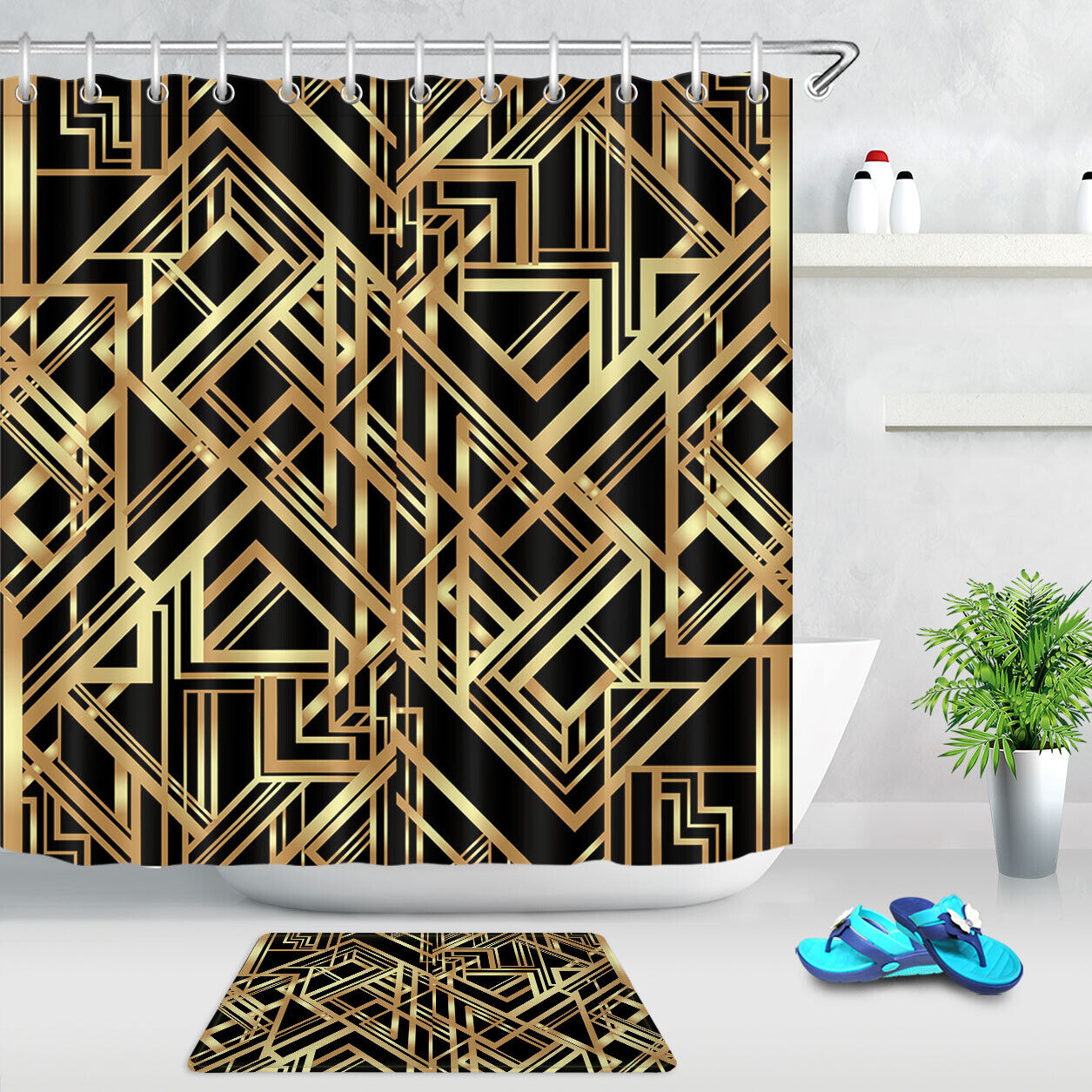 Waterproof Black And Gold Geometric Pattern Shower Curtain