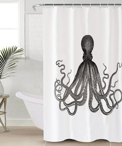Waterproof Black Octopus Shower Curtain for an Undersea Bath Experience.