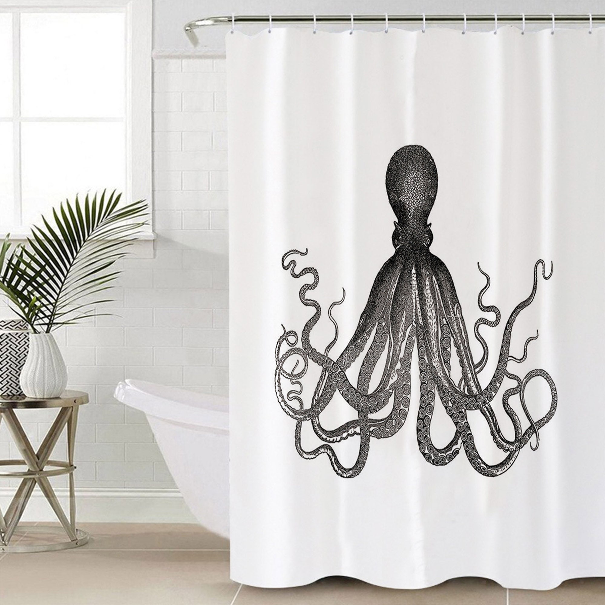 Waterproof Black Octopus Shower Curtain for an Undersea Bath Experience.