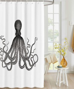 Waterproof Black Octopus Shower Curtain for an Undersea Bath Experience.