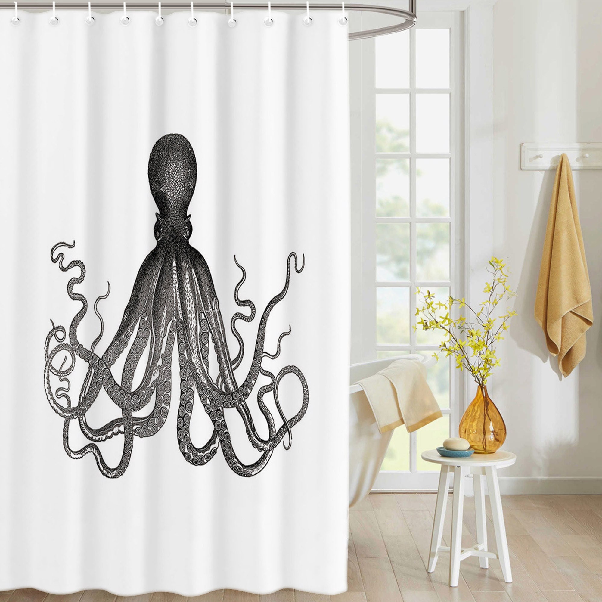 Waterproof Black Octopus Shower Curtain for an Undersea Bath Experience.