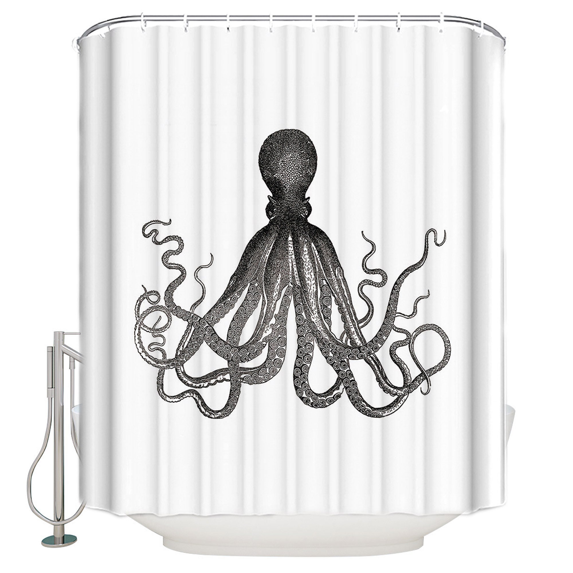 Waterproof Black Octopus Shower Curtain for an Undersea Bath Experience.