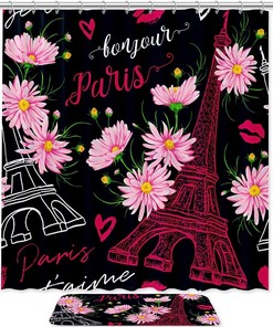 Waterproof Black and White Paris Eiffel Tower Shower Curtain, Simple Minimalist French Bathroom Decor 