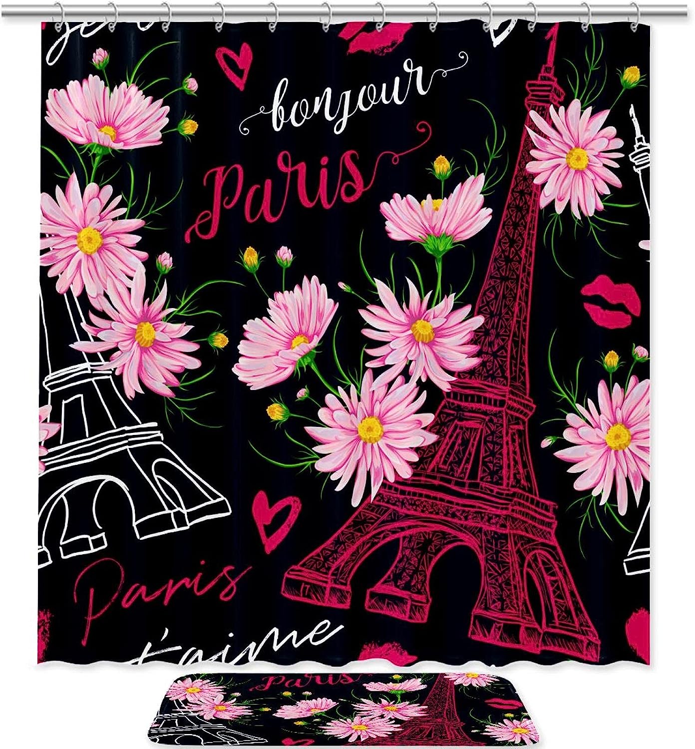 Waterproof Black and White Paris Eiffel Tower Shower Curtain, Simple Minimalist French Bathroom Decor