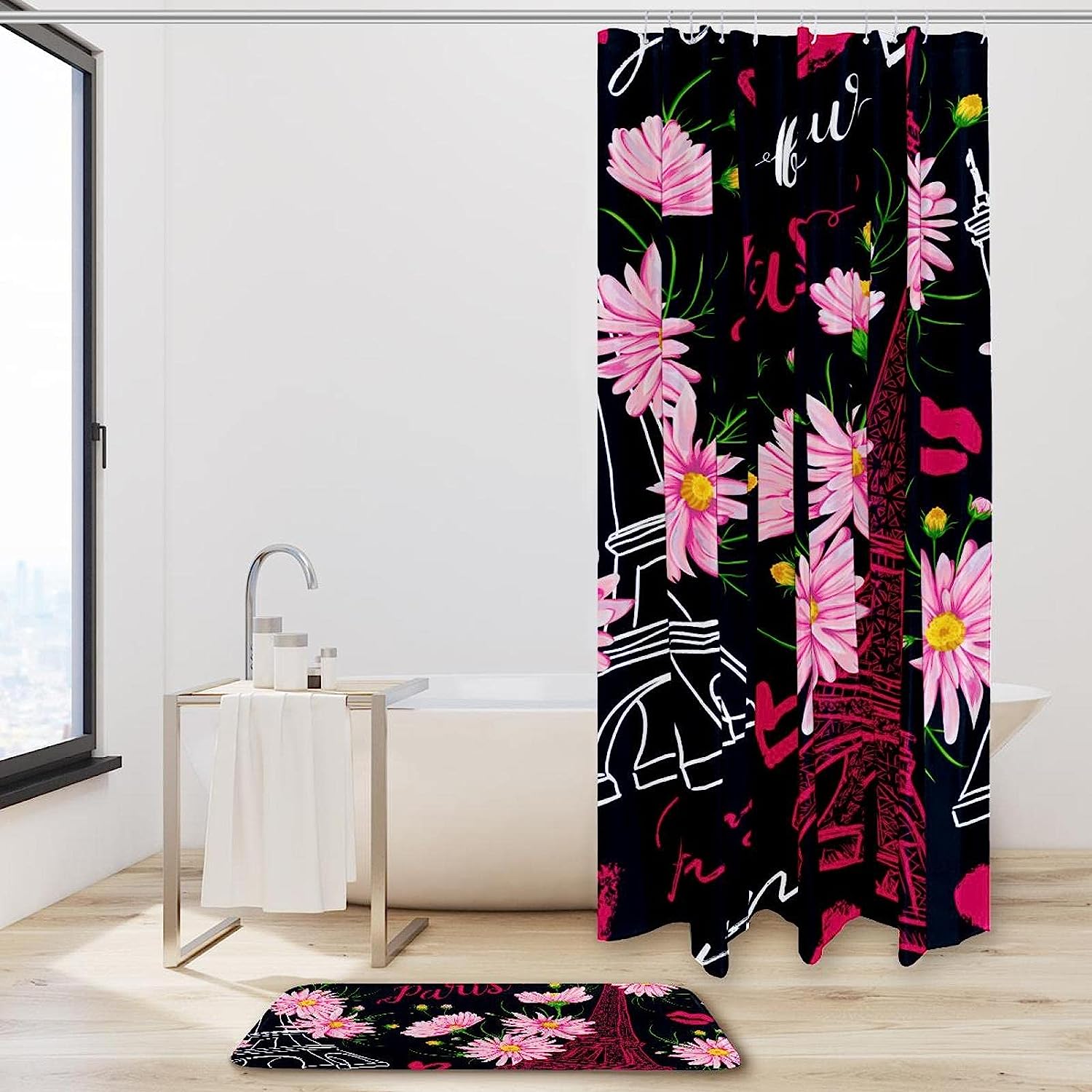Waterproof Black and White Paris Eiffel Tower Shower Curtain, Simple Minimalist French Bathroom Decor
