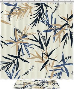 Waterproof Blue And Beige Bamboo Leaves Shower Curtain With Fabric Material For Bathroom Decor