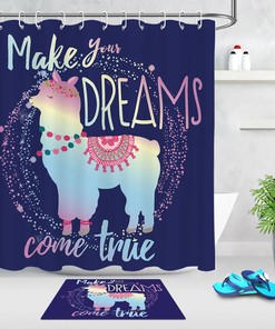 Waterproof Blue Background Cartoon Alpaca Llama Shower Curtain For Fun Bathroom Decor