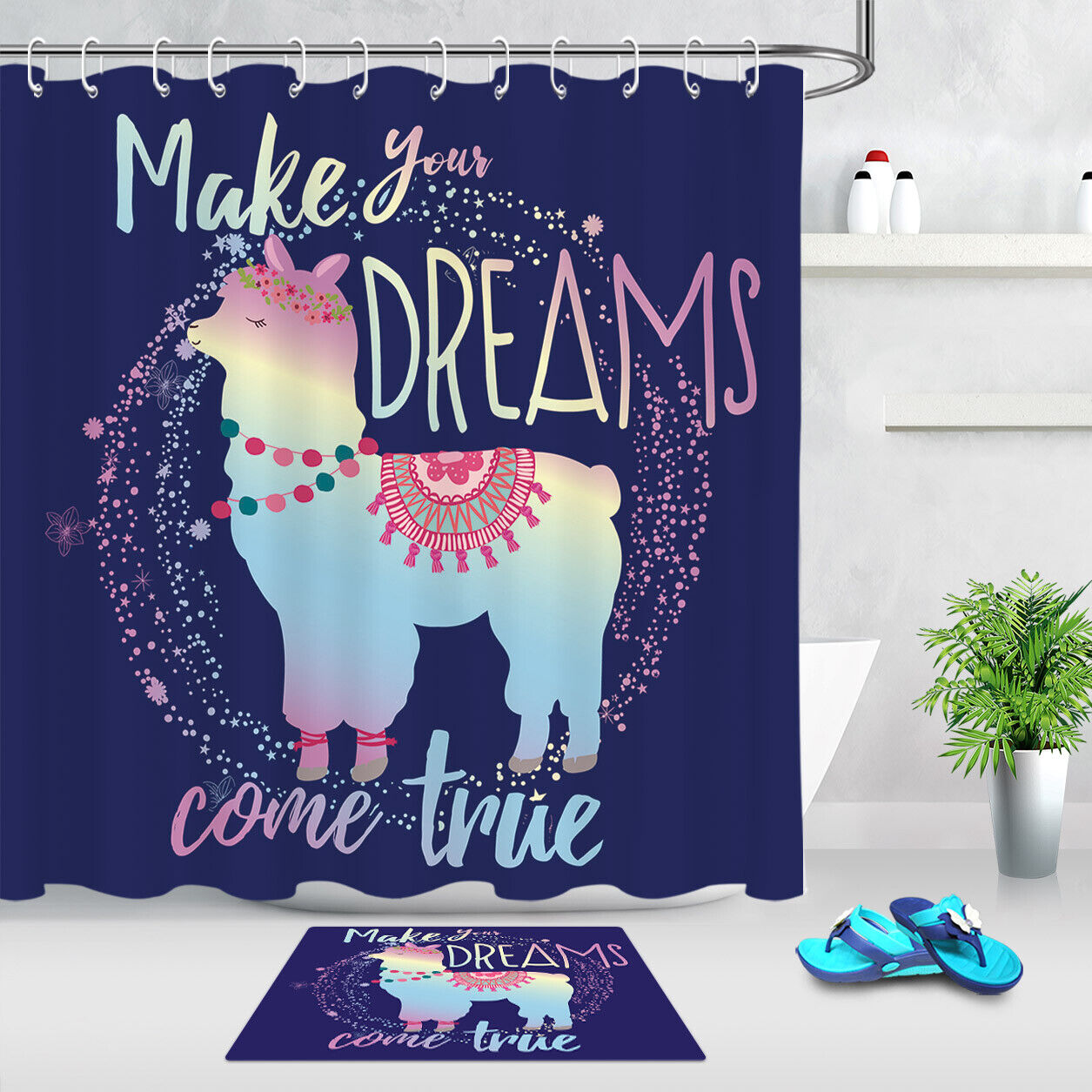 Waterproof Blue Background Cartoon Alpaca Llama Shower Curtain For Fun Bathroom Decor