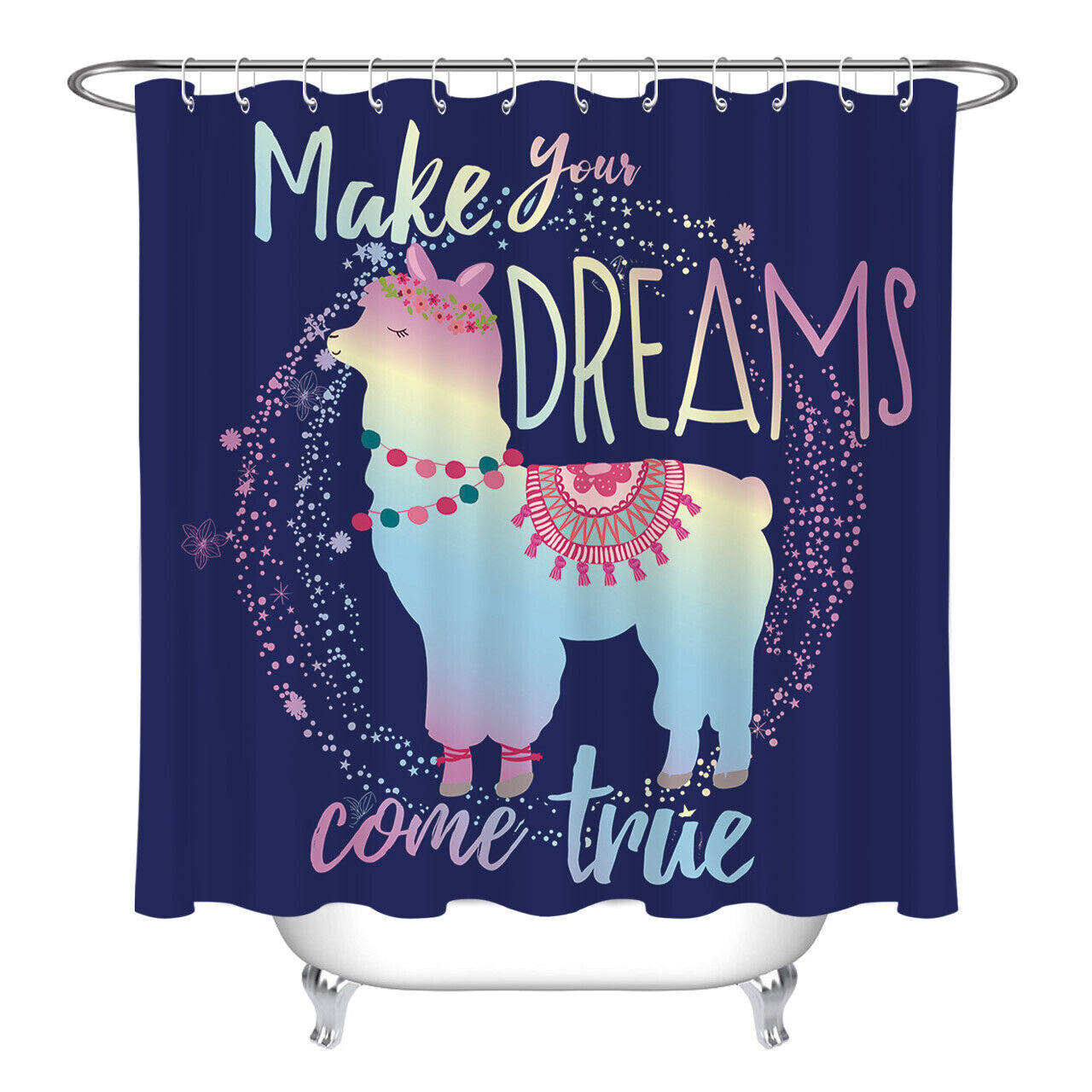 Waterproof Blue Background Cartoon Alpaca Llama Shower Curtain For Fun Bathroom Decor - Image 2