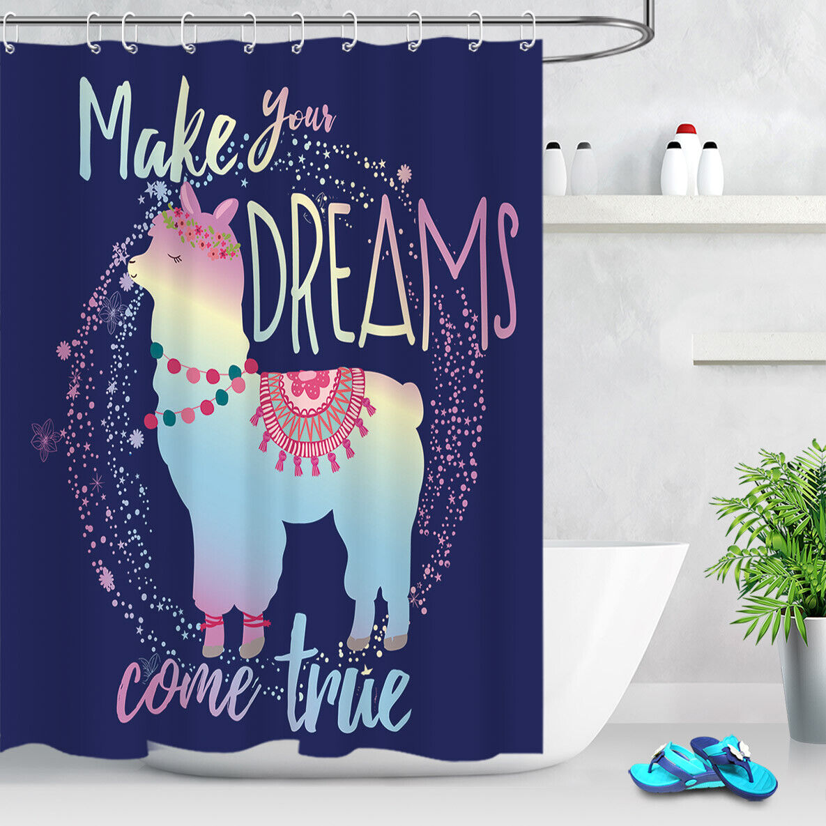 Waterproof Blue Background Cartoon Alpaca Llama Shower Curtain For Fun Bathroom Decor - Image 3