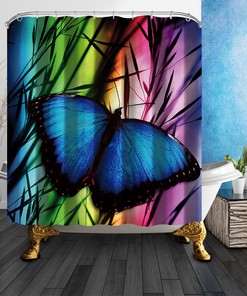 Waterproof Blue Butterfly Shower Curtain With Camouflage Bath Decors