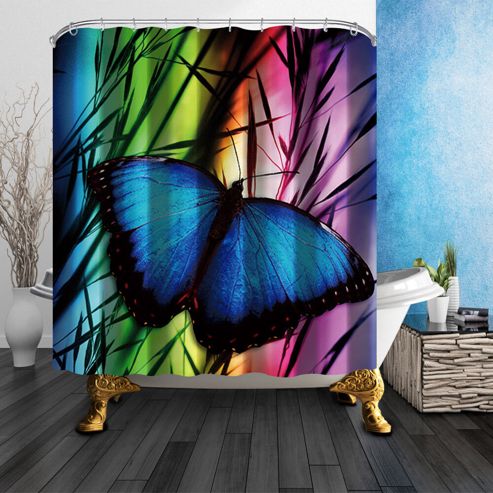 Waterproof Blue Butterfly Shower Curtain With Camouflage Bath Decors