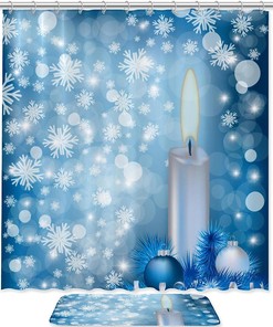 Waterproof Blue Christmas Snowflakes Candle Ball Shower Curtain For Bathroom Decor