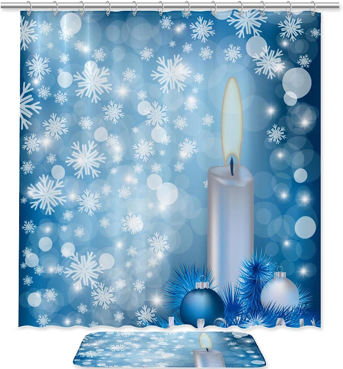 Waterproof Blue Christmas Snowflakes Candle Ball Shower Curtain For Bathroom Decor