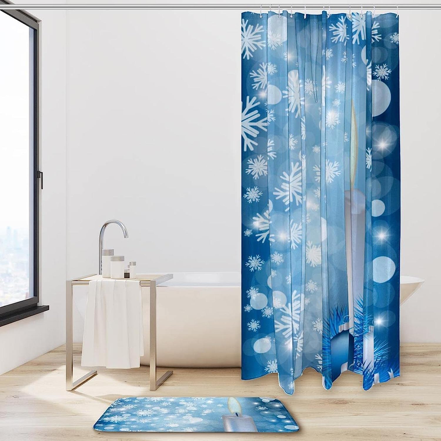 Waterproof Blue Christmas Snowflakes Candle Ball Shower Curtain For Bathroom Decor - Image 2