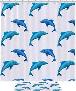 Waterproof Blue Dolphin Shower Curtain With Fabric Material For Bathroom Decoration