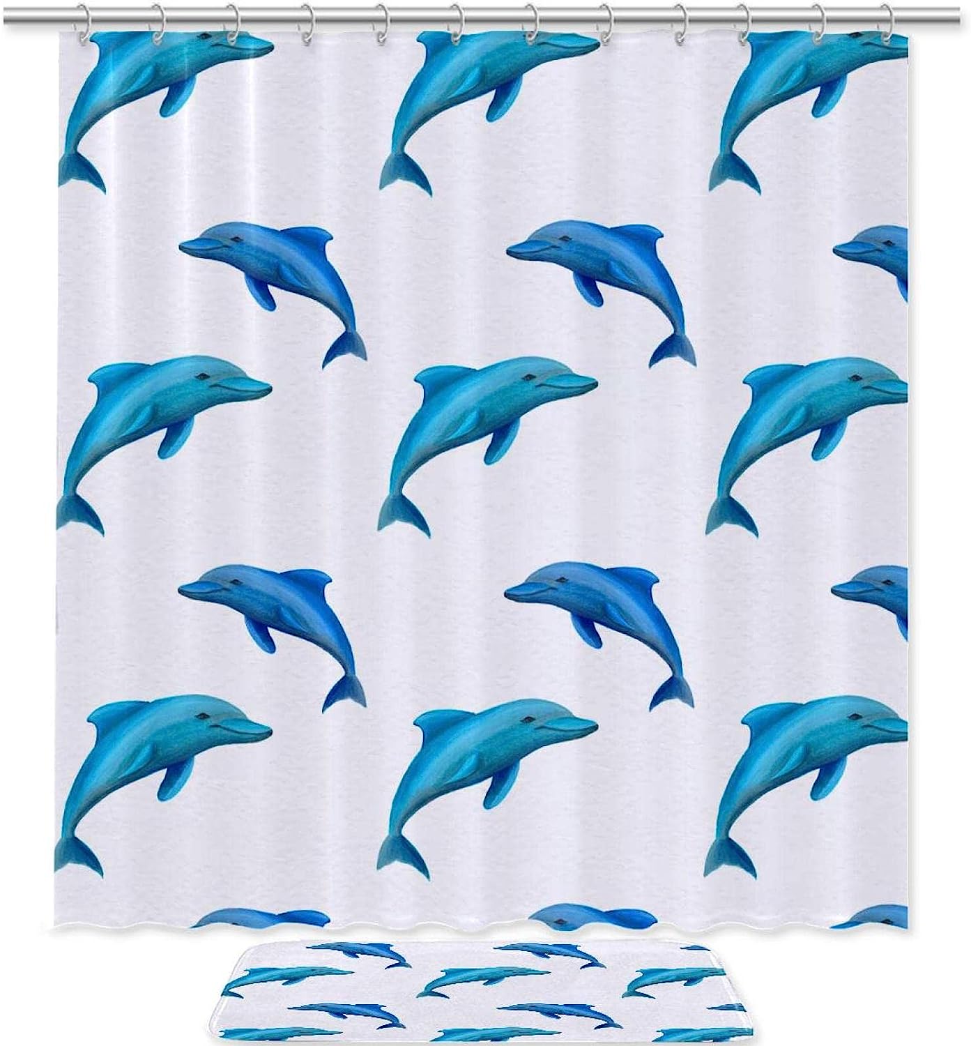 Waterproof Blue Dolphin Shower Curtain With Fabric Material For Bathroom Decoration
