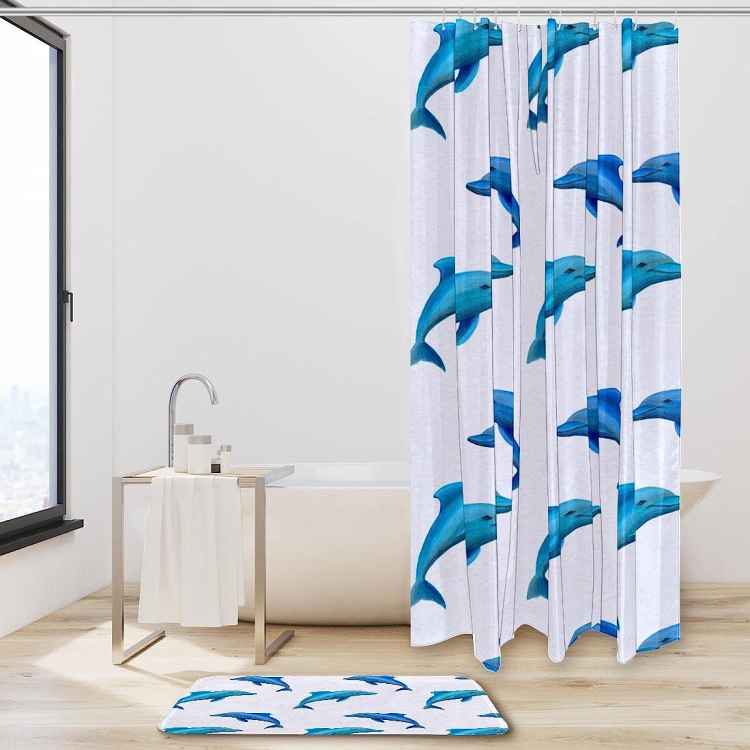 Waterproof Blue Dolphin Shower Curtain With Fabric Material For Bathroom Decoration - Image 2