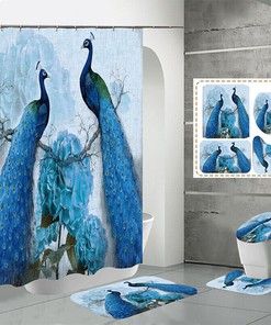 Waterproof Blue Peacock Shower Curtain, Feather Design, Bathroom Decor